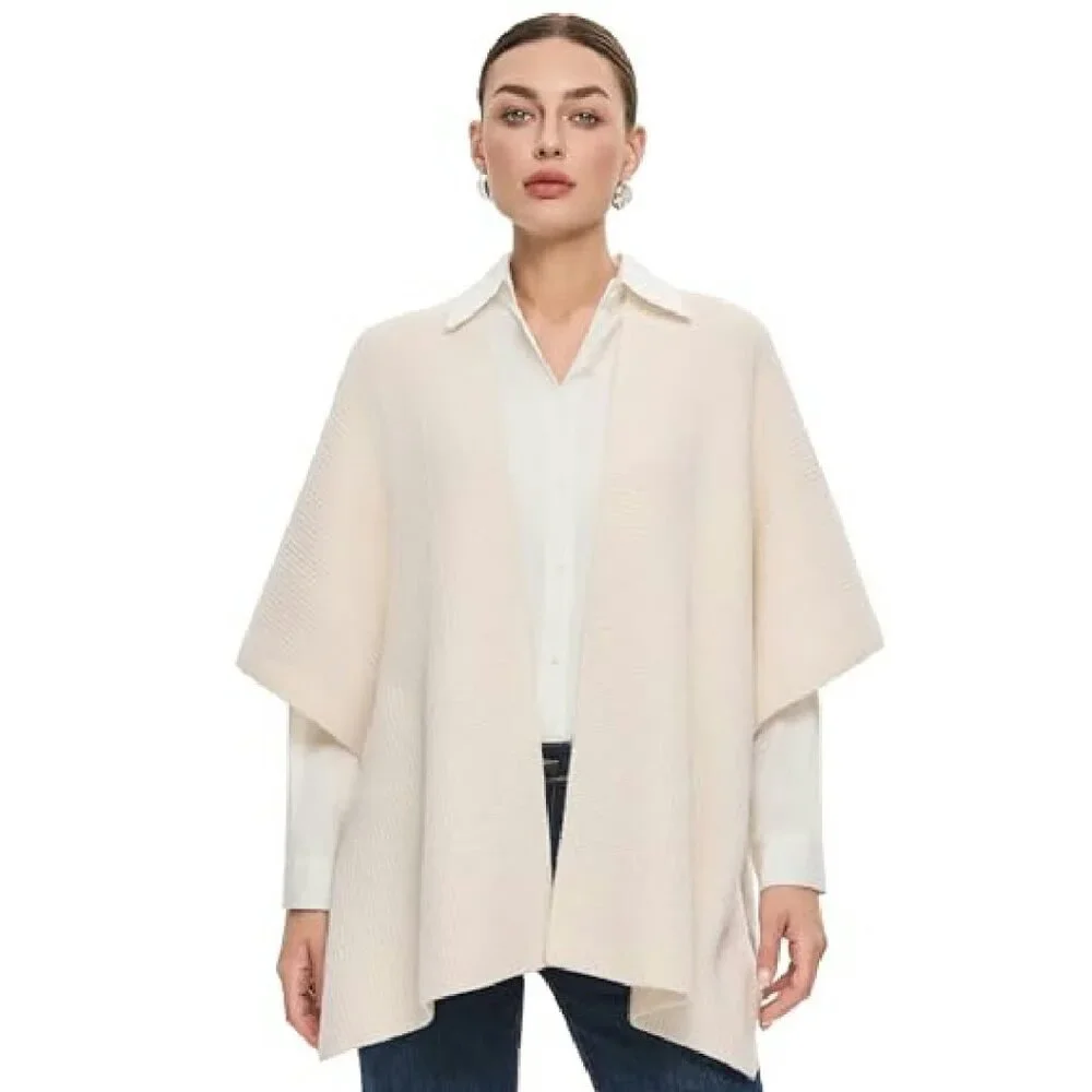 Chunky Ribbed Knit Open Front Poncho Wrap One Size Cozy Winter Sweater
